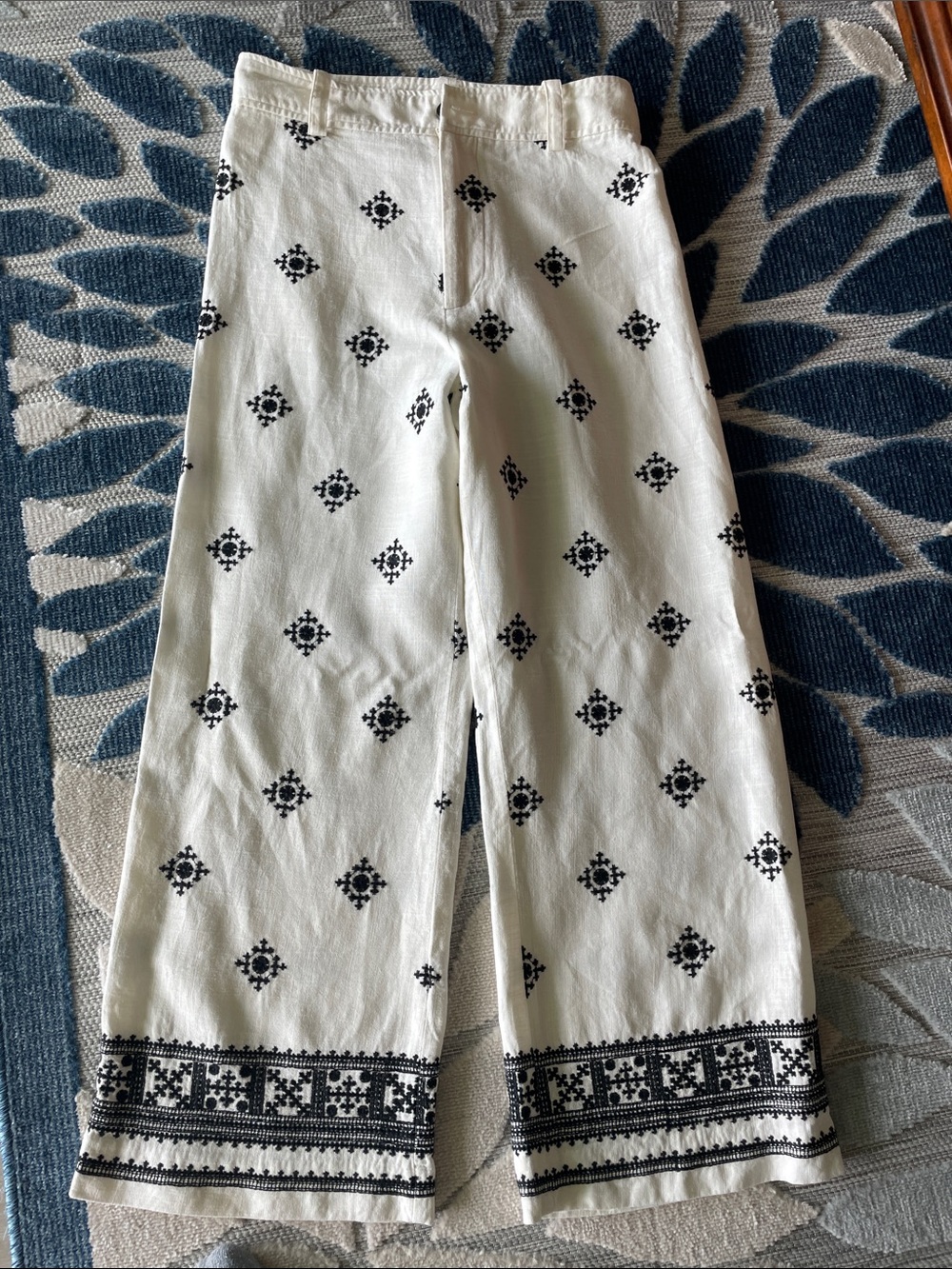 Zara White Linen-Blend Pants with Black Stitch Detail
